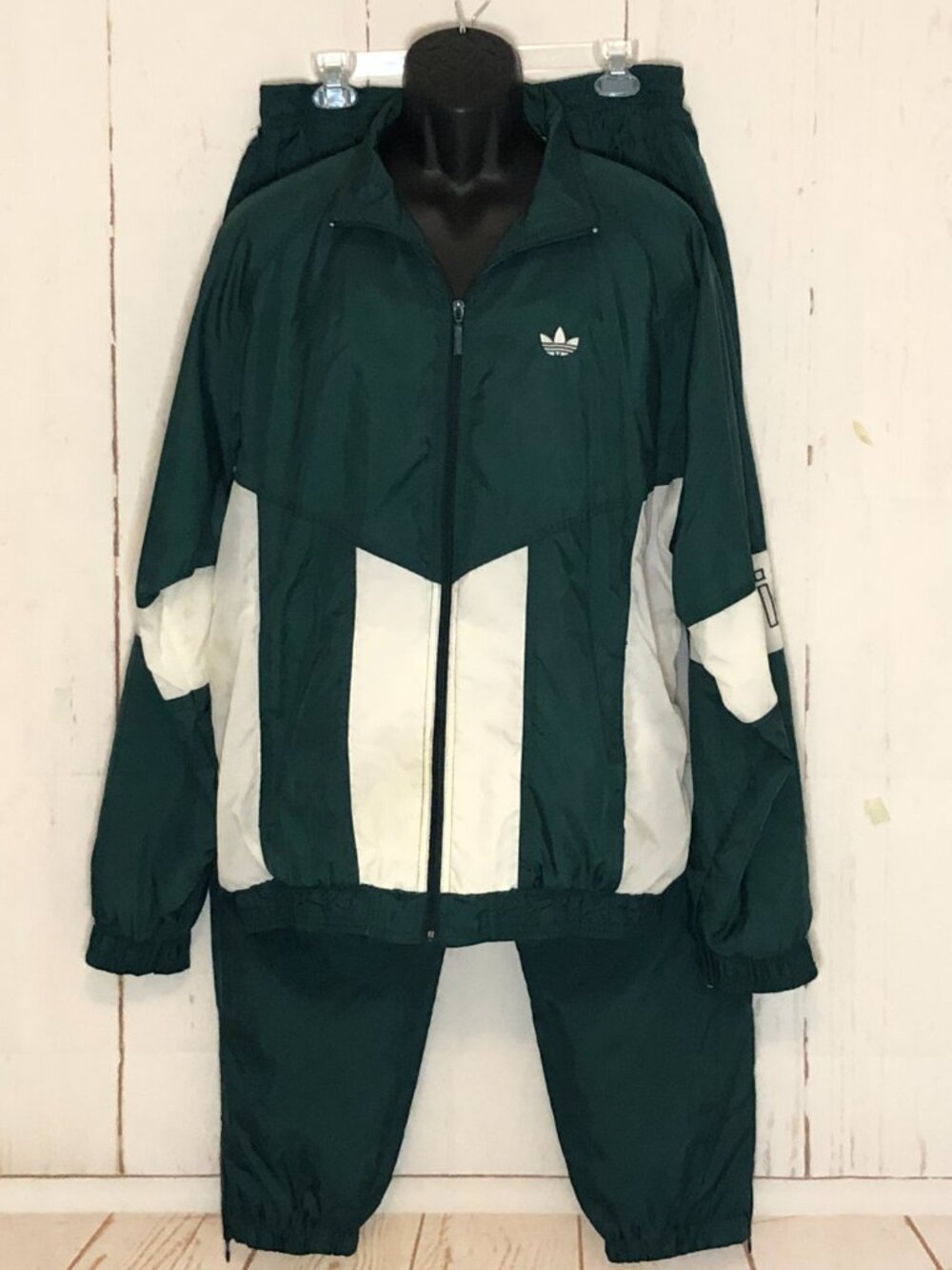 Vintage Adidas Original Green White Trefoil Nylon Track Suit Large 90s Logo